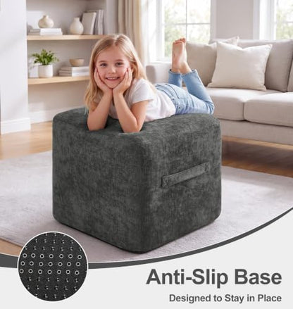 Grey Chenille Square Foot Rest Ottoman 16 Inch - Portable & Removable Cover