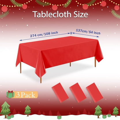 A01 Red 3 Pack Waterproof Plastic Rectangle Tablecloths 54 x 108 Inches