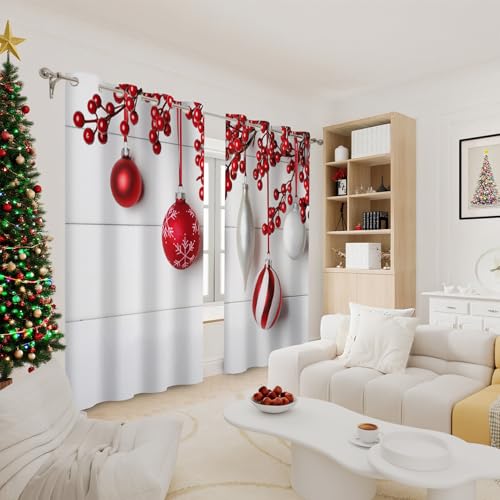Red Berry Christmas Ornament Blackout Curtains 2 Panels 84"L x 42"W - Red & White Variation