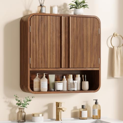 Vabches Walnut Fluted Bathroom Wall Cabinet, 23.6 Inch Tall Storage