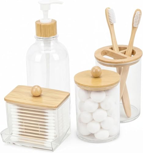 Bamboo Bathroom Accessories Set 4 Pieces with Soap Dispenser Toothbrush Holder and Qtip Container