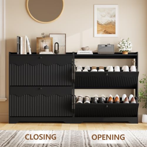 Slim Shoe Storage Cabinet with Flip Drawers and Wave-Edge Panels