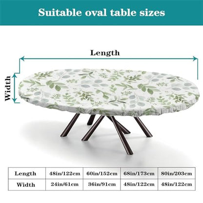 Fitted Floral Teal Sage Green Oval Tablecloth - 68" x 48" Polyester Outdoor Cover - Elastic Edge for Picnic & Party