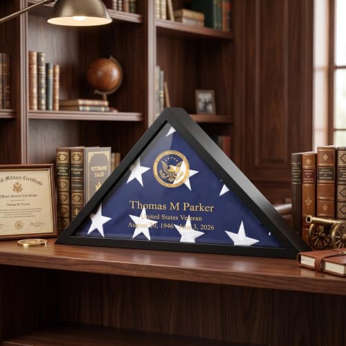 Memorial Flag Display Case with Laser Engraved Glass for Veteran Burial Flag