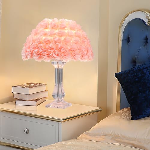 Pink Artificial Flower Bedside Table Lamp with Acrylic Base - Romantic Bedroom Decor