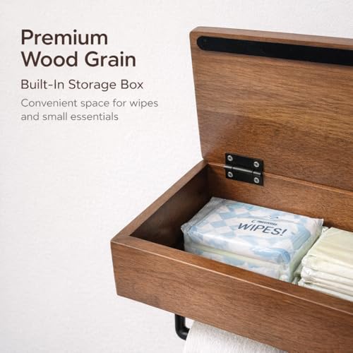 Acacia Wood Toilet Paper Holder with Hidden Storage Shelf
