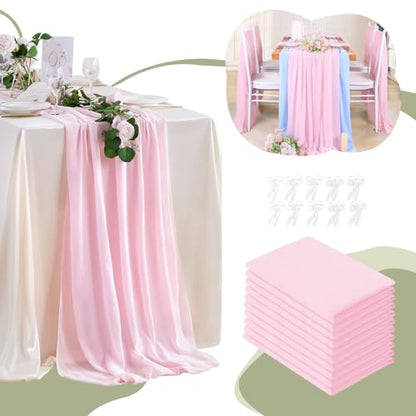 Pink Chiffon Table Runner Overlay 10 Pieces 27x120 Inches Rustic Wedding Decor - Pink / 10pcs27x120 Inches