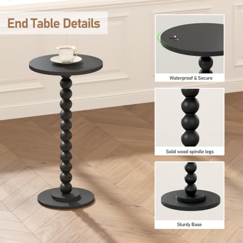 TUTOTAK Black Round Side Table with Solid Wood Legs - Small End Table