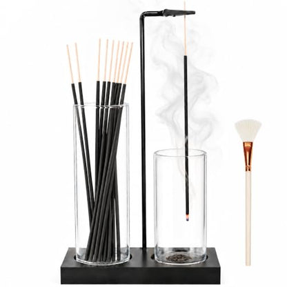 Incense Holder with Glass Ash Catcher and Wooden Base - Home Decor