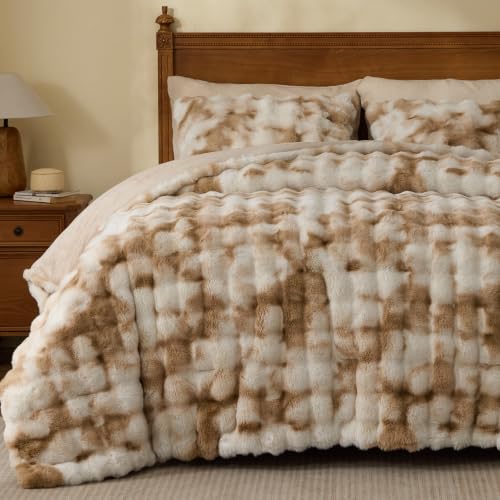 Beige Tie Dye Faux Fur Comforter Set Queen Thick Winter Bedding