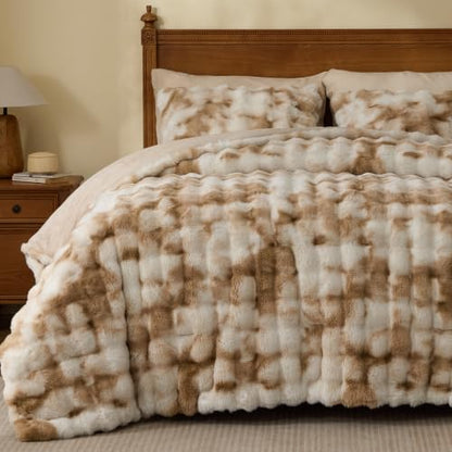 Beige Tie Dye Faux Fur Comforter Set Queen Thick Winter Bedding