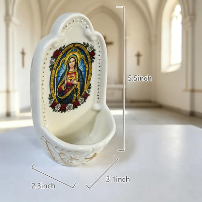 Porcelain Holy Water Font Wall Mount Immaculate Heart Devotional Artwork