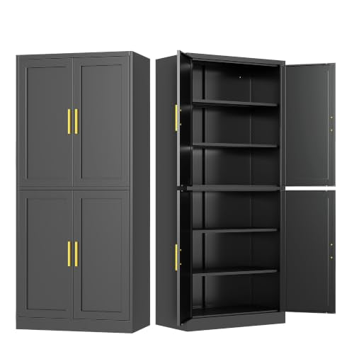 Black 71-Inch Metal Pantry Cabinet with 4 Doors & Adjustable Shelves