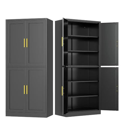 Black 71-Inch Metal Pantry Cabinet with 4 Doors & Adjustable Shelves