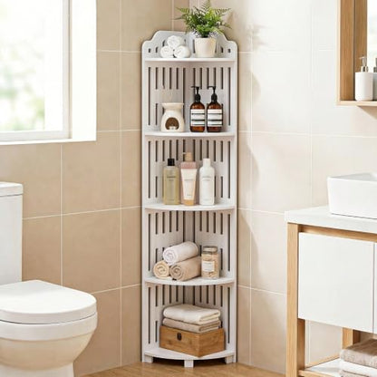 5 Tier Corner Storage Shelf - Waterproof PVC Freestanding Organizer for Bathroom, Kitchen & Living Room