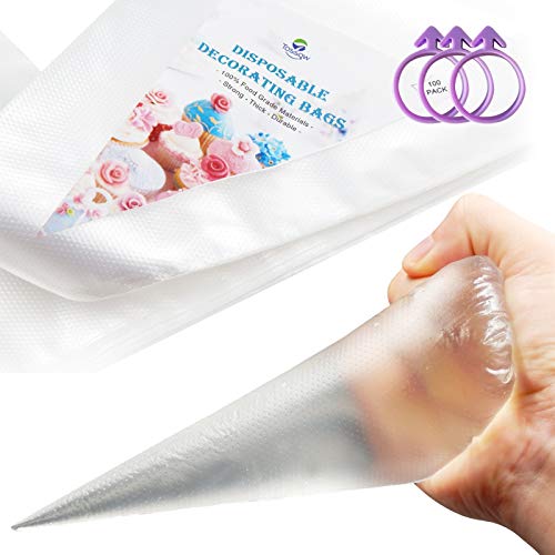 TOSSOW Pastry Bags 100 Pack Disposable Decorating Bags Thickened Piping with 3 Icing Bags Ties Fit for all Sized Tips Kit and Couplers TOSSOW Bakeware Cookies Candy Supplies Tools (12 Inch)