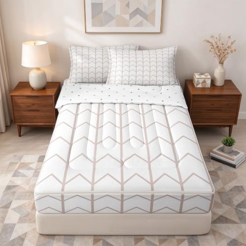 Beige White Geometric Chevron Zipper Bedding Set Twin - Arrow Pattern Bed in a Bag