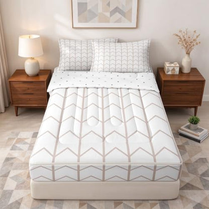 Beige White Geometric Chevron Zipper Bedding Set Twin - Arrow Pattern Bed in a Bag
