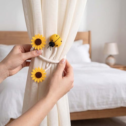 Sunflower Curtain Tiebacks with Ladybug Accent - 2 Pack, No Drill, Yellow