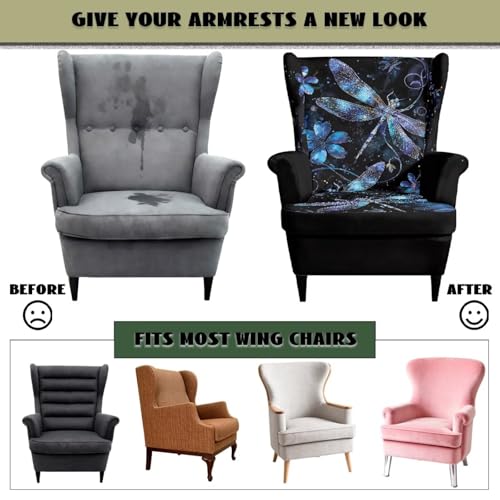 Dragonfly Floral Wingback Chair Cover, 2-Piece Stretch Slipcover for Sofa