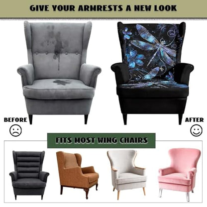 Dragonfly Floral Wingback Chair Cover, 2-Piece Stretch Slipcover for Sofa
