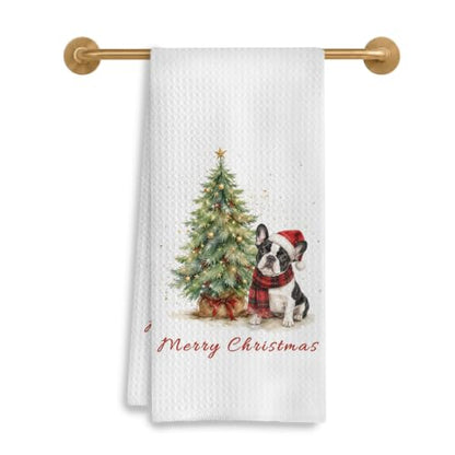Christmas Tree French Bulldog Kitchen Dish Towels 16x24 Inch - Festive Decor
