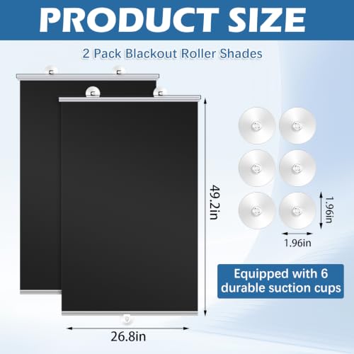 2 Pack Blackout Roller Shades with Suction Cups for Windows - Portable & No Drill Installation