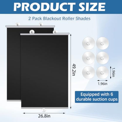 2 Pack Blackout Roller Shades with Suction Cups for Windows - Portable & No Drill Installation
