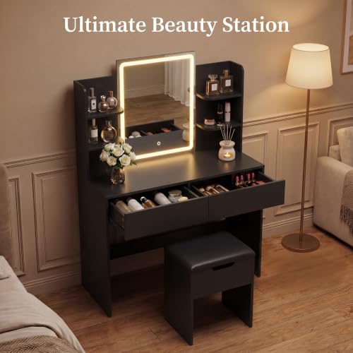 Vanity Desk with LED Mirror and 3-Color Lighting – 35.4" Bedroom Vanity Set with 2 Drawers & Open Shelves, Black