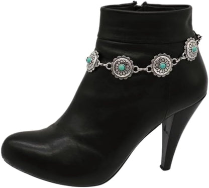 TrendyFashionJewelry Women's Western Boot Bracelet - Silver Chain Anklet with Turquoise Beads & Flower Charms