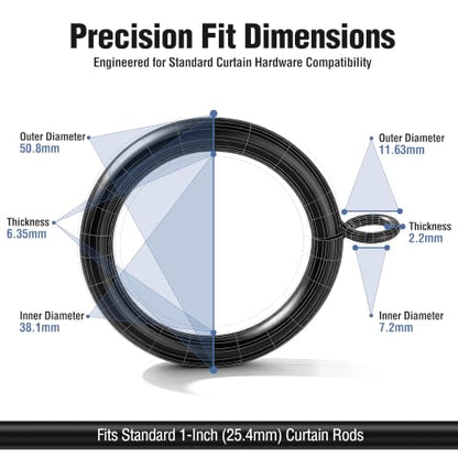 Extra Thick Metal Curtain Rings for 1 Inch Rod, Matte Black, 24 Pack