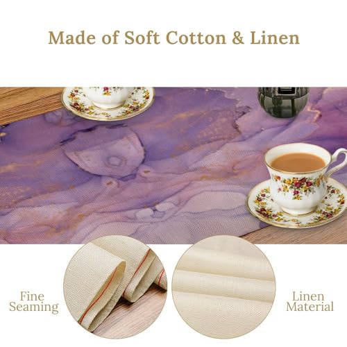 Purple Marble Table Runner W13X L60 - Abstract Gold Cloud Texture Decor