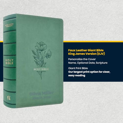 Personalized King James Version Giant Print Bible for Adults - Dusty Green Teal Floral Edition with Name Engraved