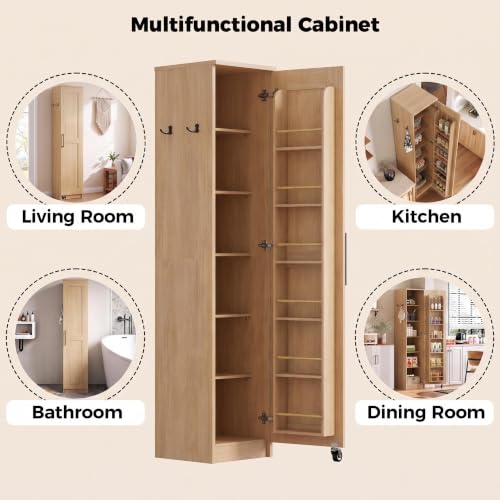 IRONCK Narrow Kitchen Pantry Cabinet - 72" Tall, Natural Wood Finish, Slim Storage