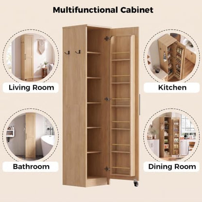 IRONCK Narrow Kitchen Pantry Cabinet - 72" Tall, Natural Wood Finish, Slim Storage