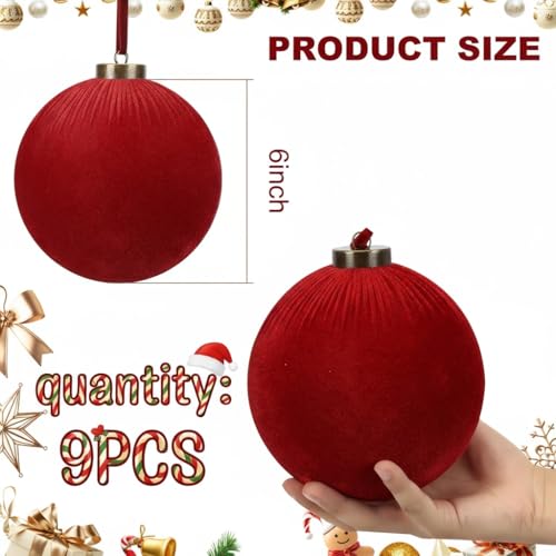 Velvet Christmas Balls Ornaments - Dark Red, 6 Inches, 9 Pack - Holiday Decor