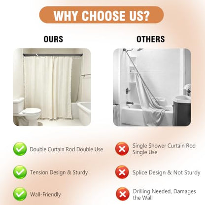 Adjustable Double Shower Curtain Rod - No Drilling Tension Shower Pole, Rustproof Metal