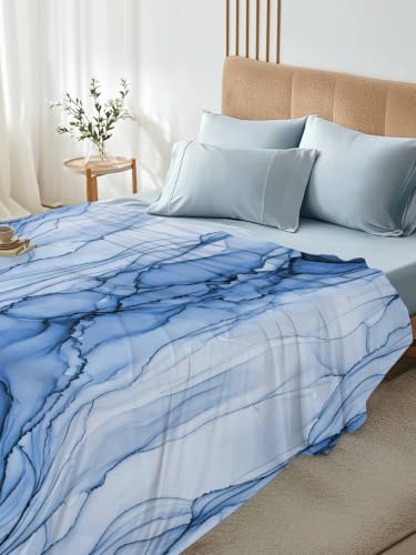 Twin Flat Sheet Blue Marble Veins - Microfiber Bed Bedding for All Seasons - LooPoP