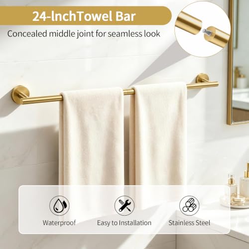 Brushed Gold Bathroom Accessories Set - 24 Inch Towel Bar, Toilet Paper Holder & Rings - Set A