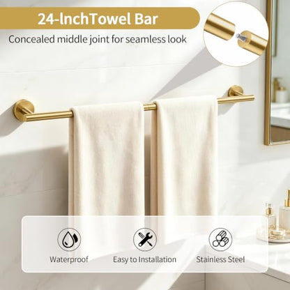 Brushed Gold Bathroom Accessories Set - 24 Inch Towel Bar, Toilet Paper Holder & Rings - Set A