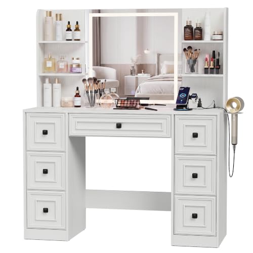 YESHOMY Pure White Makeup Vanity Desk with LED Mirror, UL Charging Hub & 7-Drawer Storage