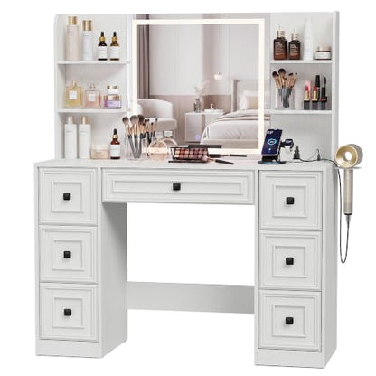 YESHOMY Pure White Makeup Vanity Desk with LED Mirror, UL Charging Hub & 7-Drawer Storage
