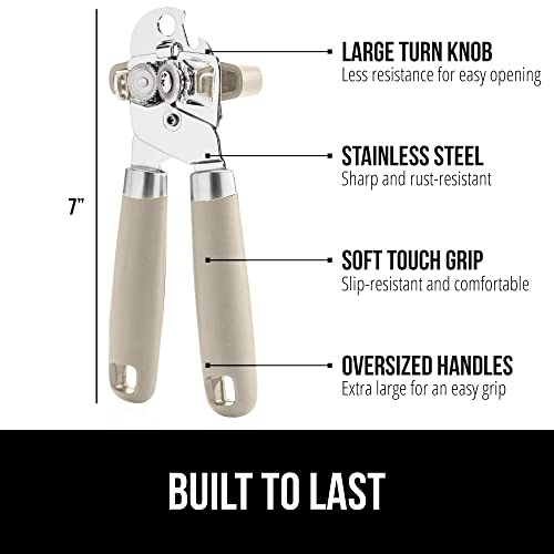 The Original Gorilla Grip Heavy Duty Stainless Steel Smooth Edge Manual Hand Held Can Opener With Soft Touch Handle, Rust Proof Oversized Handheld Easy Turn Knob, Large Lid Openers, Almond