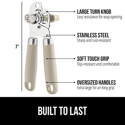 The Original Gorilla Grip Heavy Duty Stainless Steel Smooth Edge Manual Hand Held Can Opener With Soft Touch Handle, Rust Proof Oversized Handheld Easy Turn Knob, Large Lid Openers, Almond