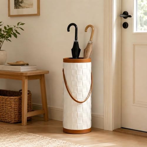 Large Capacity Leather Umbrella Basket Holder with Handle - White 20x53cm