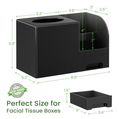 Black Plastic Square Tissue Box Cover with Remote Holder & Storage - Multi-Functional