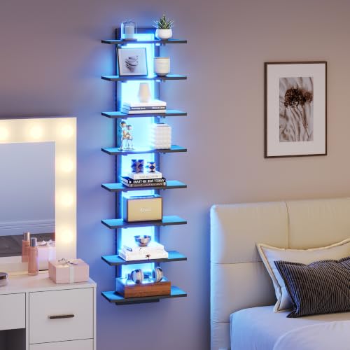 Black 8-Tier Wall Mounted Shelf with RGB LED Lights - Floating Display