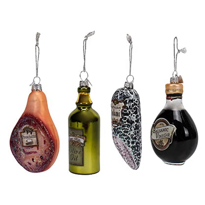 Holiday Glass Ornament Set - Italian Food Theme, 4 Pack