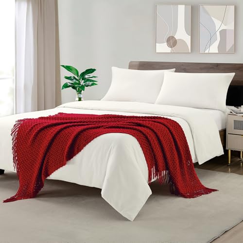 CREVENT Farmhouse Boho Knitted Throw Blanket - Red, 50x60 Inches, Cozy & Soft Home Decor