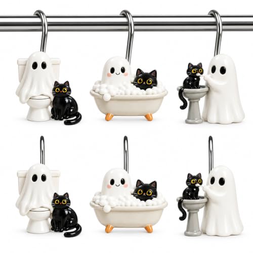 Halloween Shower Curtain Hooks Ghost & Black Cat Set - 12 Pack